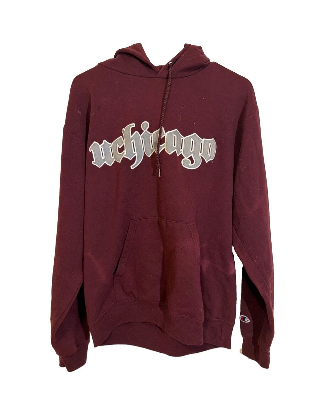 Champion Eco Fleece Burgundy UChicago Graphic Logo Hoodie Men’s M Distressed